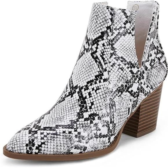 Womens Pointed Toe Stacked Mid Heel Ankle Boots V Cut Faux Leather Booties - Picture 5 of 7